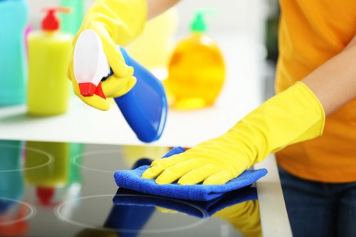 Cleaner preparing a kitchen for move-in in a Westminster property